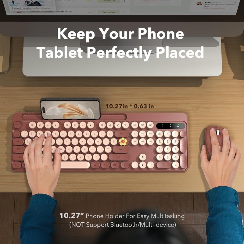 Trueque Wireless Keyboard and Mouse Combo, Retro Round Keycaps, Full-Size Cute Typewriter Keyboard with Large Phone/Tablet Holder, Auto-Sleep, 2.4GHz Cordless Connection for Windows/PC/Laptop (Wine Red) - Image 2